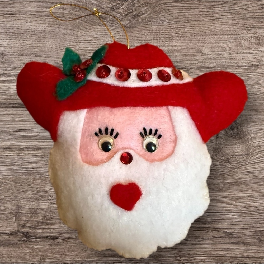 Vintage Felt Handmade Western Santa Ornament Embellished w/Sequins